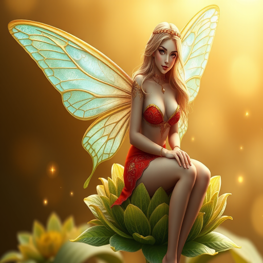 A digital artwork features a winged fairy with delicate Aqua butterfly wings, adorned with intricate Ivory andAsparagus patterns. She is seated on a vibrant Moss flower, wearing a revealing red two-piece outfit with sparkling beadwork. Her fair skin, long blonde hair, and gold jewelry add to her ethereal appearance. The background is a warm, golden gradient, creating a magical atmosphere. Small glowing orbs and sparkles surround the flower, enhancing the enchanting, highly detailed, and realistic scene.