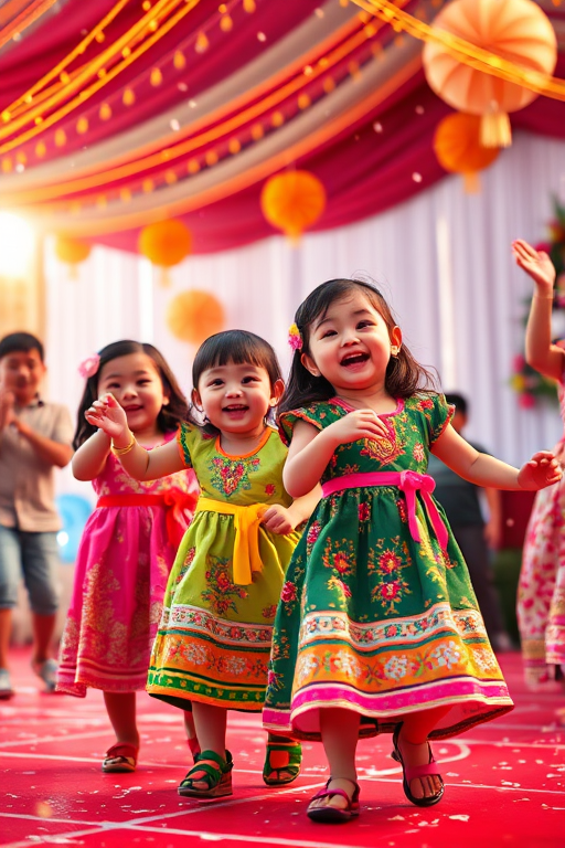 generate an illustration of four joyful children dancing at a festive celebration wearing colorful traditional outfits, captured with a Canon EOS R6, 50mm lens, f/1.8 aperture, ISO 200, shallow depth of field, vibrant colors, animated style, bright background with festive decorations and confetti