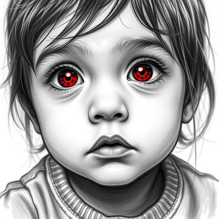 A hyperdetailed photorealistic black and white sketch of a beautiful toddler with deep red eyes, with a macro focus