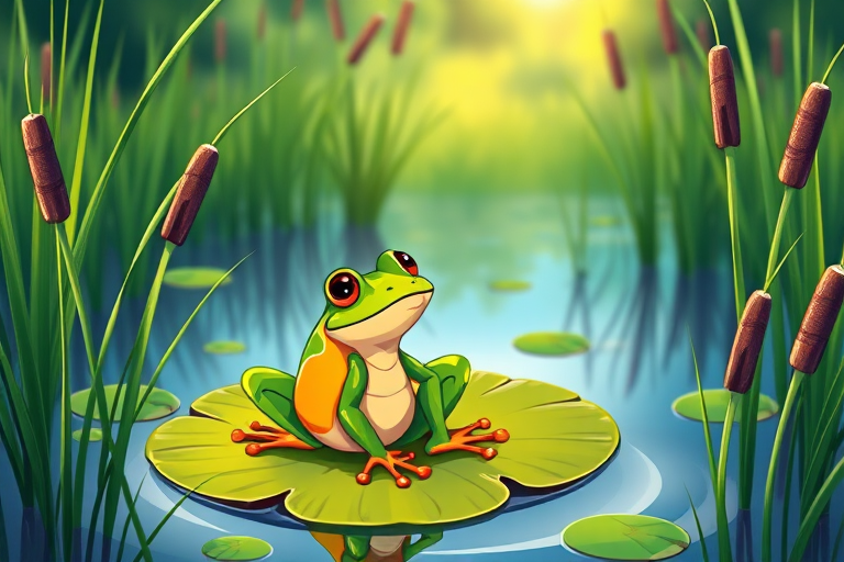 Create a vibrant cartoon-style illustration of a colorful frog sitting on a lily pad in a serene pond surrounded by tall grasses and cattails, using a high-resolution digital camera with a 50mm lens, f/2.8 aperture, ISO 100, and a shallow depth of field for a soft background blur.
