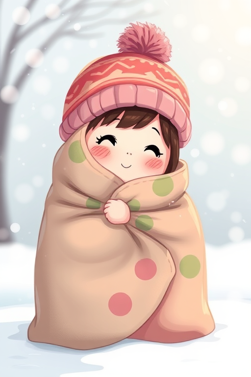 Illustrate a whimsical character wrapped in a cozy blanket with a beanie featuring pom-poms, set against a snowy background with softly falling snowflakes and blurred light bokeh, using a DSLR camera, 50mm lens, f/2.8 aperture, ISO 200, and natural lighting for a vibrant color palette.