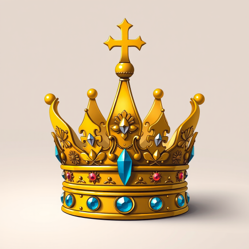 Create an intricate illustration of a yellow crown with a cross at the top, adorned with decorative elements and jewels, using a DSLR camera with a 50mm lens, aperture set to f/2.8 for depth of field, ISO 100, in a well-lit studio setting to enhance image quality and detail.