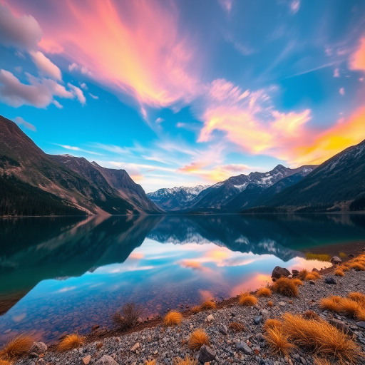Generate a serene landscape of a mountain lake reflecting the sky with vibrant colors, wide-angle view, ISO 100, f/11, shutter speed 1/250s, use a DSLR camera with a 16-35mm lens.