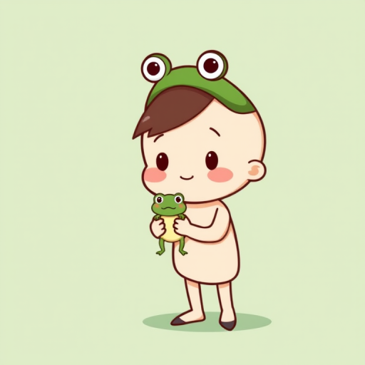 Cute cartoon character holding a small frog with a frog hat on its head against a light green background, simple and playful style.