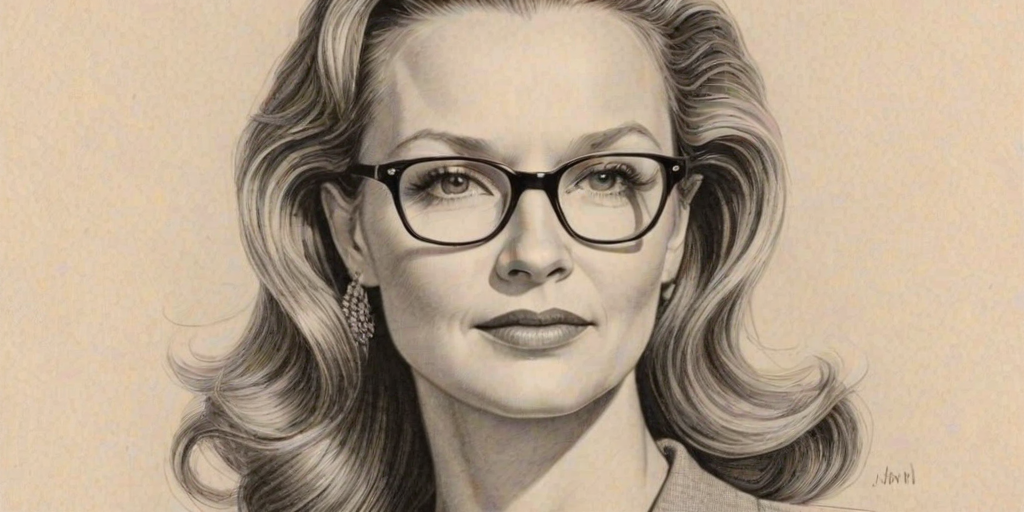 Comely Joan Allen, pencil sketch, portrait of Dazzling woman 1945s in glasses, hair style beatnik, outline, clear lines, fine lines, 8k