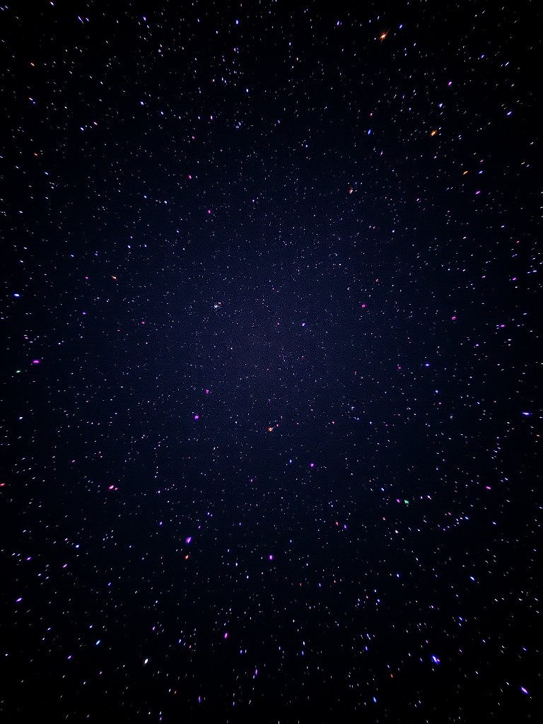 Generate a vibrant cosmic scene filled with colorful stars scattered across a black background with a Canon EOS 5D Mark IV, f/8 aperture, ISO 1600, 20 mm lens, and a wide-angle view to enhance depth and clarity.