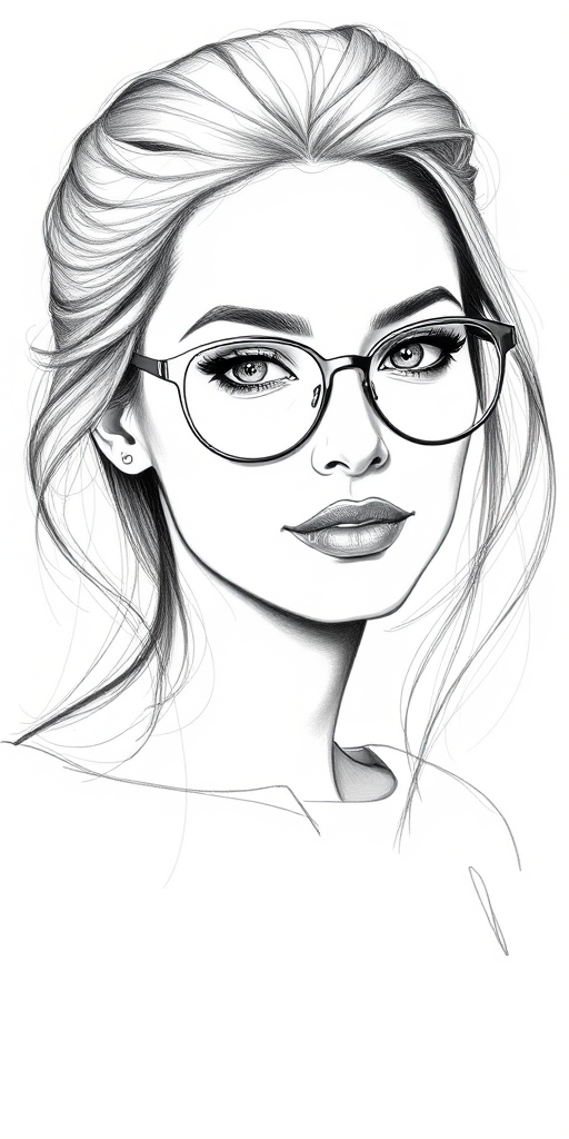 Beautiful Cameron Diaz, pencil sketch, portrait of beautiful woman 60s in glasses, hair style beatnik, outline, clear lines, fine lines, 8k