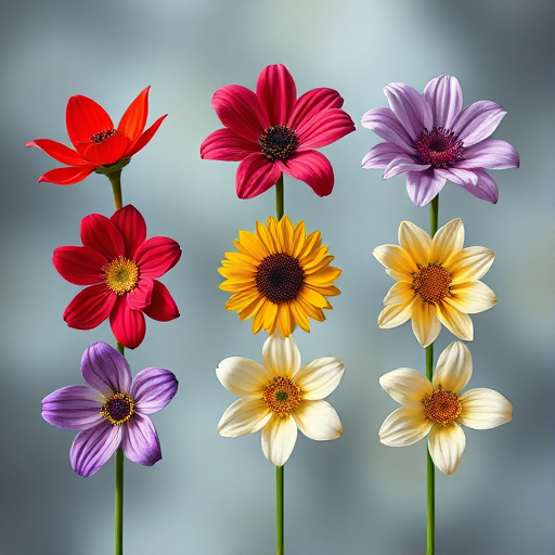 Generate an image of six stylized flowers arranged in two rows, featuring various colors such as red, purple, yellow, and white, with a soft focus background, using a DSLR camera at f/2.8, ISO 100, 50mm lens, in a macro photography style to enhance detail and color vibrancy.