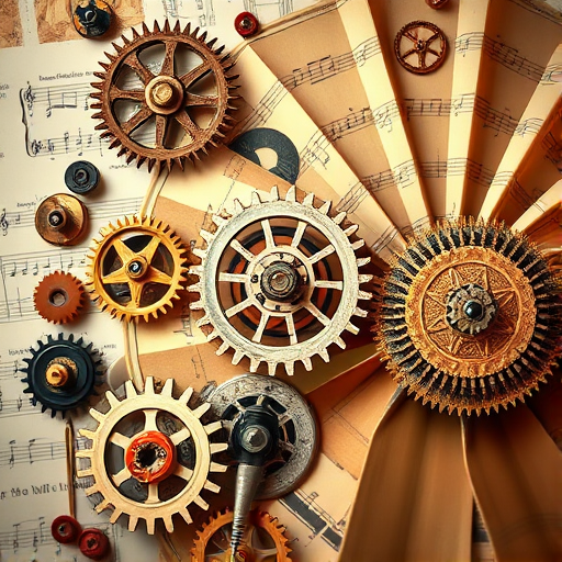 Create an abstract composition featuring intricate gears, sheet music elements, and a vintage fan, with a warm color palette, soft focus background, and high dynamic range, shot with a DSLR camera at f/8, ISO 100, and a focal length of 50mm, using a macro lens for detailed textures.