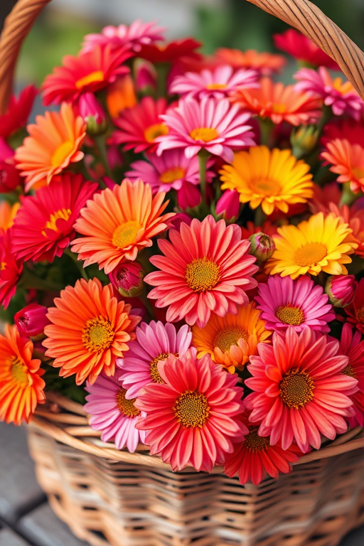 A vibrant basket filled with mixed flowers including red, pink, orange, and yellow blooms, shot with a macro lens at f/2.8, ISO 100, 1/200s, natural light, from a slightly elevated angle to enhance depth and richness in color.