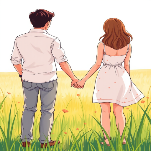 Create a detailed illustration of two couples holding hands, one on each side but facing away from us, set in a grassy field, with vibrant colors and clean lines, captured with a DSLR camera at f/4 aperture, 50mm lens, ISO 100, natural lighting for enhanced clarity and depth.