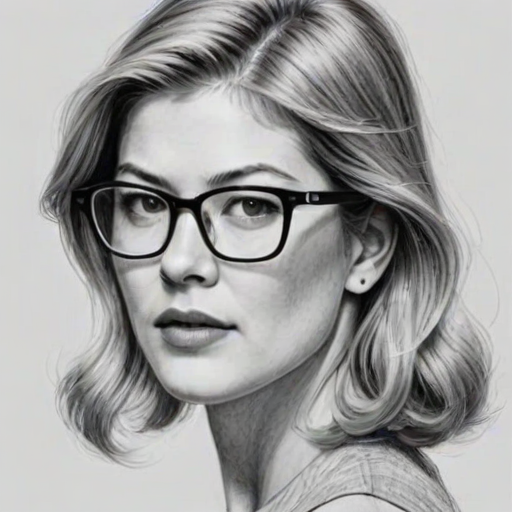 Beautiful Rosamund Pike, pencil sketch, portrait of beautiful woman 60s in glasses, hair style beatnik, outline, clear lines, fine lines, 8k