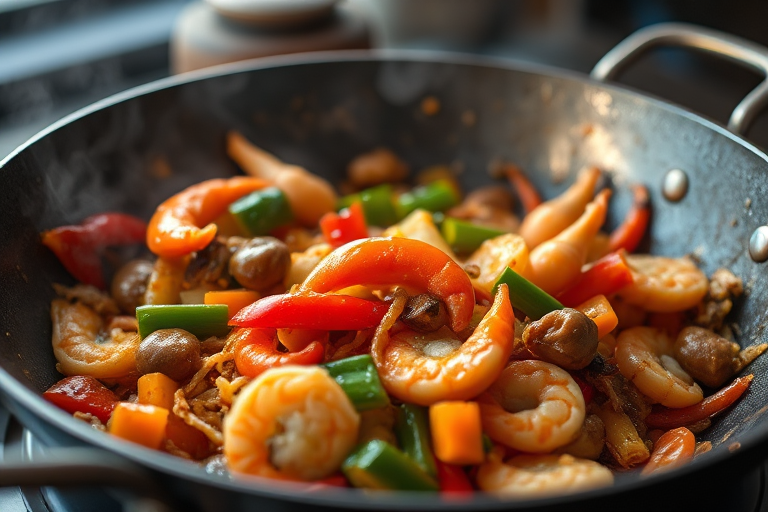a close-up of a sizzling stir-fry in a wok with vibrant vegetables and seafood, steam rising, shallow depth of field, f/2.8, ISO 400, 1/125s, shot with a Canon EOS R5, 50mm lens, natural lighting.