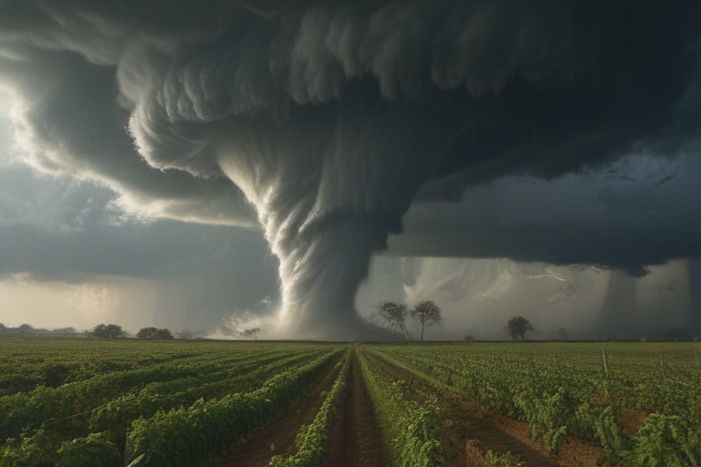Powerful Tornado Descends on Lush Green Fields Under Dramatic Stormy Skies