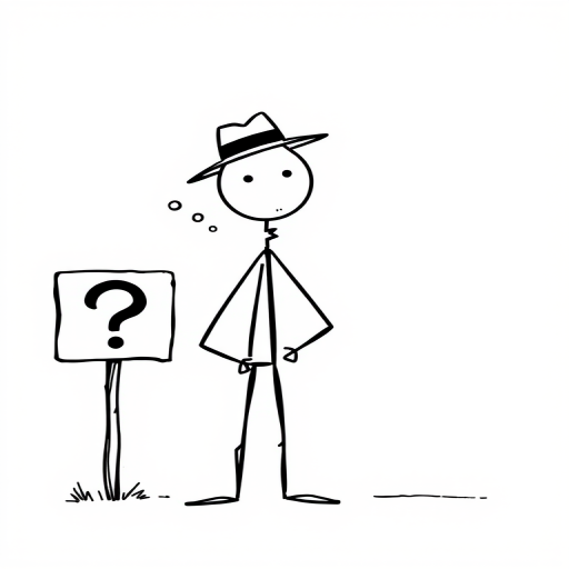 Create a whimsical illustration of a stick figure man wearing a hat, standing thoughtfully beside a sign with a question mark, in a minimalistic style, shot with a Canon EOS R5, 24mm lens, f/4 aperture, ISO 100, natural lighting for enhanced quality.