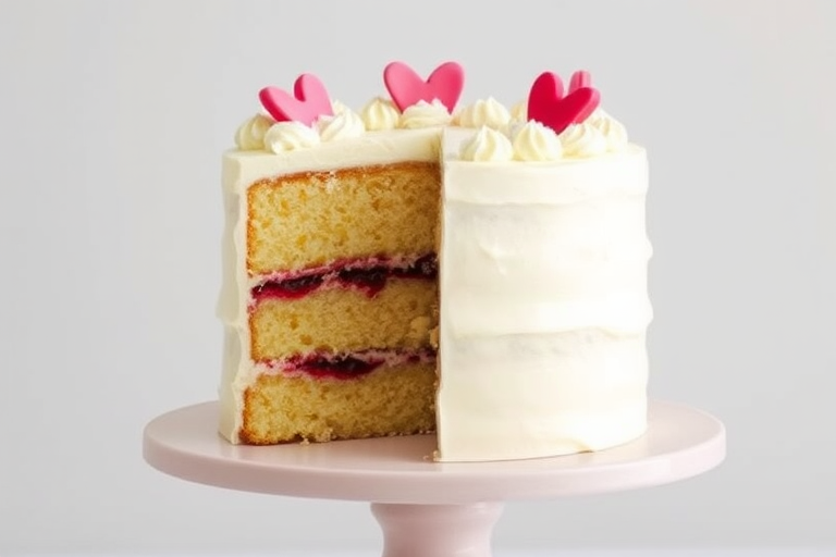 A beautifully layered cake with a light yellow sponge visible in the center, filled with raspberry jam and frosted with creamy white icing, adorned with pink and red decorative elements on top, placed on a simple round cake stand against a neutral background.