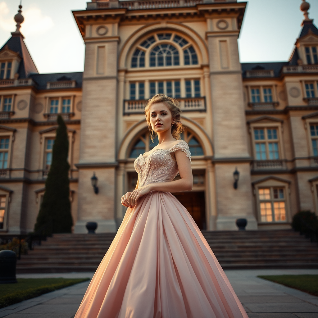 An elegant woman, dressed in a vintage gown, stands in front of a grand, historic building. The setting sun casts a warm, golden light on her
