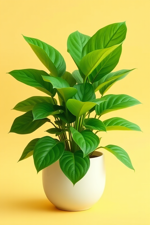 Regenerate a vibrant illustration of a green plant with broad, lobed leaves in a simple, rounded pot on a light yellow background, shot with a Canon EOS R5, 50mm lens, aperture f/2.8, ISO 100, soft natural lighting for enhanced color saturation.