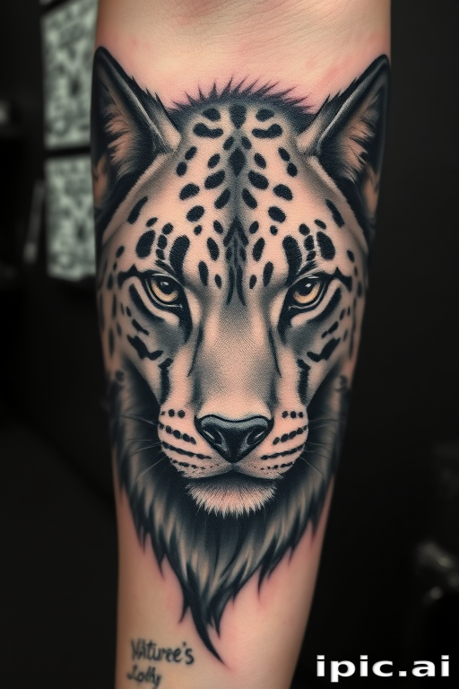 Photorealistic black and gray tattoo called "Nature's Portrait" depicting a highly detailed animal face with lifelike fur textures and soulful eyes, perfect for forearm or calf placement