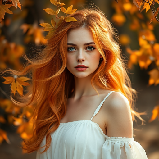 Create a portrait of a woman with flowing orange hair intertwined with autumn leaves, wearing a soft white dress, captured in a soft focus style with a Canon EOS R5, 85mm lens, f/1.4 aperture, ISO 100, natural light, with a dreamy background.