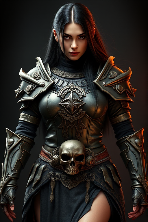 Create a photo of a fierce Eurasian female warrior with long black hair, wearing an ornate, metallic armor. The armor includes a breastplate with intricate designs, shoulder guards, and gauntlets. The breastplate is decorated with a central emblem, possibly representing a mythical symbol, and has a sculpted, form-fitting design. She wears a belt with a large skull ornament at the center, and her armor extends into a partial skirt, revealing one leg. The overall look is both protective and stylish, with a dark, gothic aesthetic. The background is dimly lit, suggesting a medieval or fantasy setting, enhancing the warrior's imposing presence and intense expression.