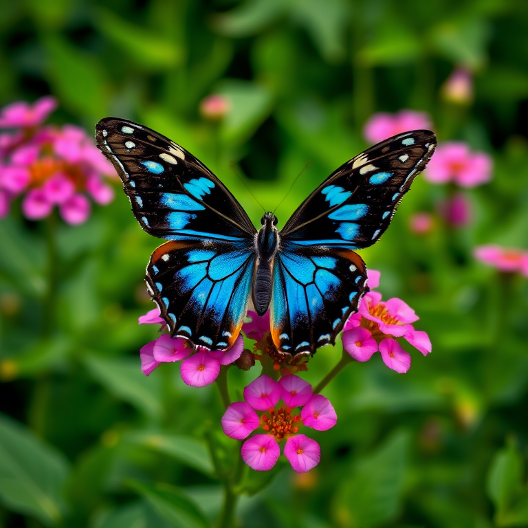 Generate an image of a butterfly with striking blue and black patterns resting on pink flowers in a lush green garden setting. The focus should be on the intricate details of the butterfly's wings and the vibrant colors of the flowers, creating a serene and natural atmosphere.