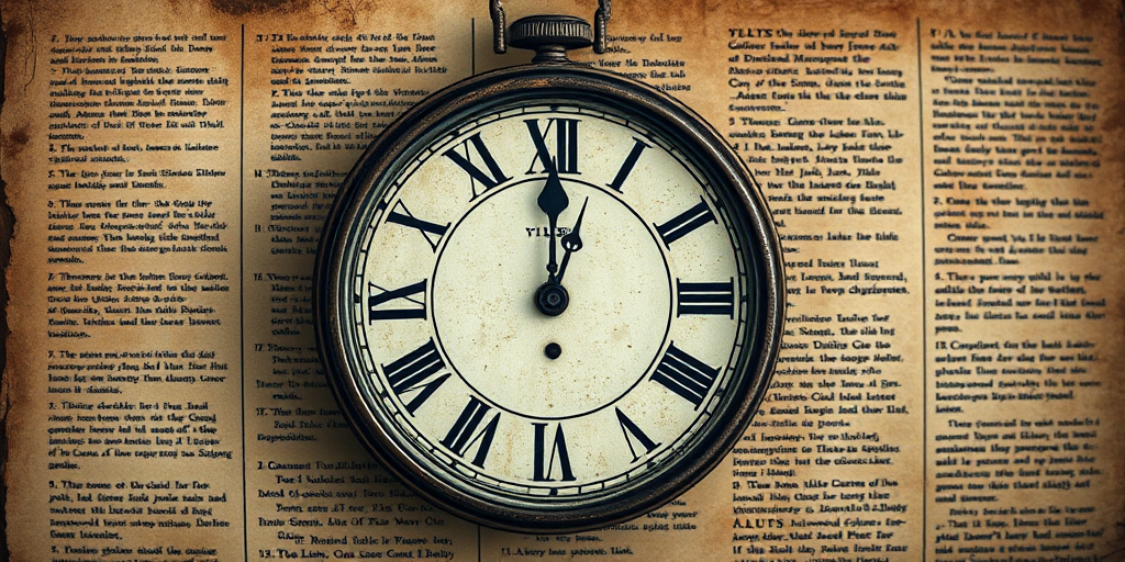 Create an image of a vintage clock with Roman numerals overlaid on an aged, textured background featuring faint text, captured using a DSLR camera at f/8 aperture, 1/60 sec shutter speed, 50mm lens, and a soft-focus style.