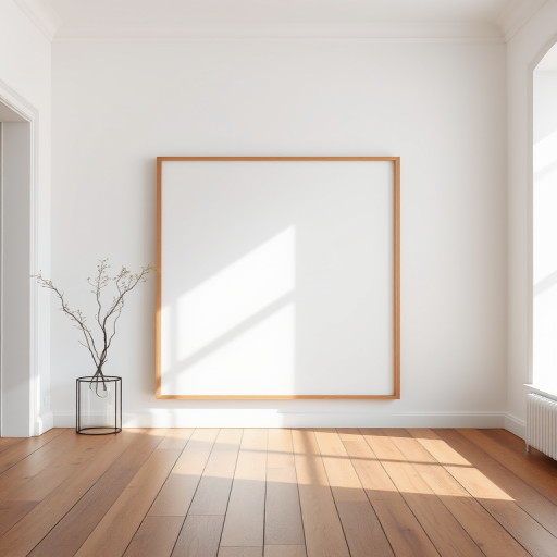 Create a minimalistic interior scene featuring a large empty frame on a white wall with a wooden floor, using a Canon EOS R5 camera, 24mm lens, f/8 aperture, ISO 100, shot from a low angle perspective, natural soft lighting.