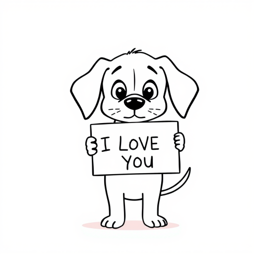 A minimalist cartoon of a PUPPY standing on a blank white background, holding a sign that simply says, 'I LOVE YOU.' The puppy is drawn with just a few lines: big eyes, whiskers, floppy ears, and a straight tail, giving it a comically desperate expression.
