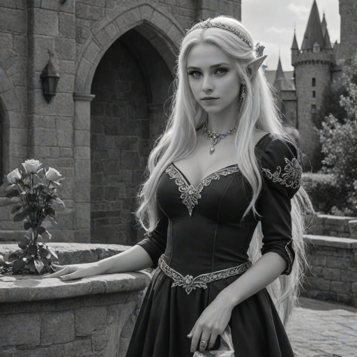 afe, sketch, monochrome, greyscale, 1girl, solo, elf, pointy ears, breasts, long hair, very long hair, white hair, green eyes, portrait, looking at viewer, black dress, tiara, silver tiara, holding, holding flower, rose, red rose, necklace, jewelry, cowboy shot, standing, outdoors, castle