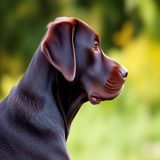 Chocolate Labrador dog profile, soft natural lighting, blurred green background, f/2.8 aperture, 50mm lens, ISO 200, DSLR camera, portrait view, shallow depth of field.