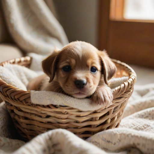 Soft-focus image of a newborn puppy nestled in a basket, surrounded by soft blankets, with soft morning light streaming in through a nearby window and creating a warm, comforting atmosphere.