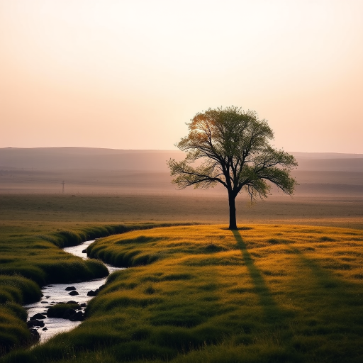 Capture a serene landscape at dawn featuring a solitary tree in an open field, soft light illuminating the grass, with a gentle stream running nearby, use a Canon EOS R5, 24mm lens, aperture f/8, ISO 100, shutter speed 1/60 sec, shot in landscape orientation.