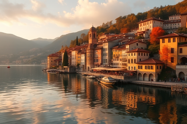 vibrant lakeside village during autumn at Lake Como, reflective water, golden hour lighting, DSLR camera, 50mm lens, aperture f/8, ISO 200, shutter speed 1/125s, wide-angle view, enhanced color saturation and sharpness