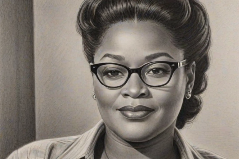 Ravishing Loretta Devine, pencil sketch, portrait of Splendid woman 1949s in glasses, hair style beatnik, outline, clear lines, fine lines, 8k