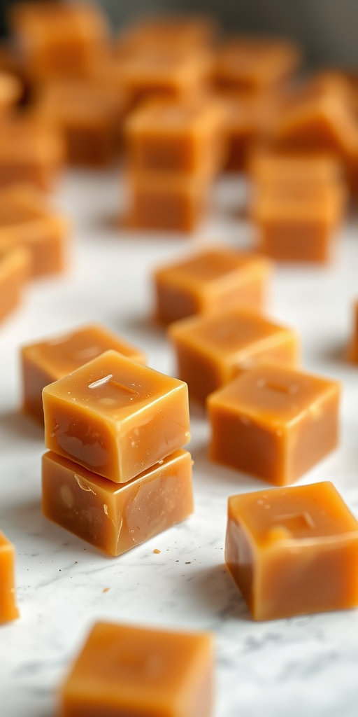 a close-up shot of caramel cubes arranged on a clean surface, with soft natural lighting, using a DSLR camera, aperture f/2.8, ISO 100, shutter speed 1/100 sec, focus on textures and glossiness of the caramels, shallow depth of field to create a blurred background