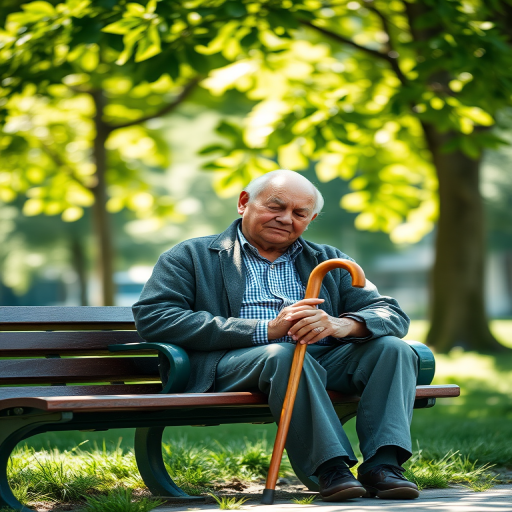 Capture a serene moment of an elderly man sitting on a park bench with a wooden cane, eyes closed, enjoying sunlight filtering through green leaves, shot with a Canon EOS 5D Mark IV, f/2.8 aperture, ISO 100, 50mm lens, using natural lighting and a shallow depth of field for a soft background effect.