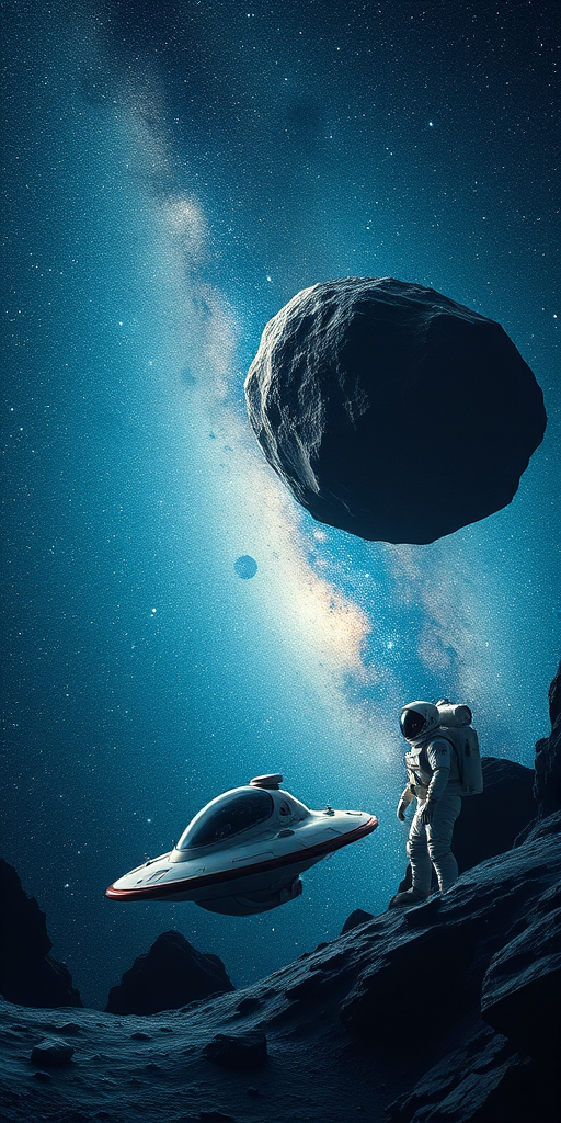 A realistic depiction of a futuristic spacecraft and an astronaut near a massive asteroid in deep space with the Milky Way galaxy in the background, captured with a DSLR camera at f/8, ISO 200, 24mm lens, wide-angle view, high dynamic range imaging.