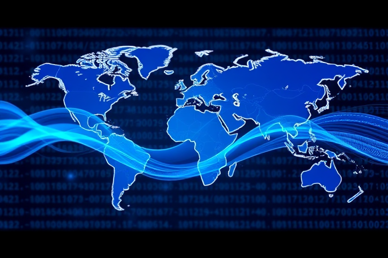 Create a high-resolution illustration of a world map overlayed with a flowing digital wave pattern, using a blue color scheme and binary code in the background, captured with a DSLR camera, f/8 aperture, ISO 100, 24mm lens, and a slight tilt-shift effect to enhance depth and clarity.