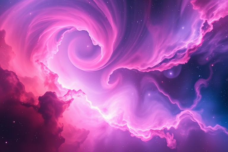 Create a vibrant cosmic scene with swirling nebulae in shades of pink, purple, and blue, featuring radiant streaks of light and shimmering stars in the background, captured with a DSLR camera at f/2.8, ISO 800, 24mm lens, in a wide-angle view to enhance depth and detail.