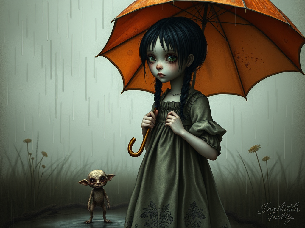 An eerie, weird little girl with dark hair in thin pigtails, wearing a smock dress, standing in the rain, holding a dirty orange umbrella, a small, odd creature beside her. In a surreal style inspired by Nicoletta Ceccoli and Brian Froud. Dark fantasy themes
