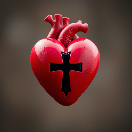 Create a high-resolution illustration of a red heart with a black cross in the center, shot with a Canon EOS R5 at f/2.8, ISO 100, and 1/200 sec, using a shallow depth of field for a soft background.