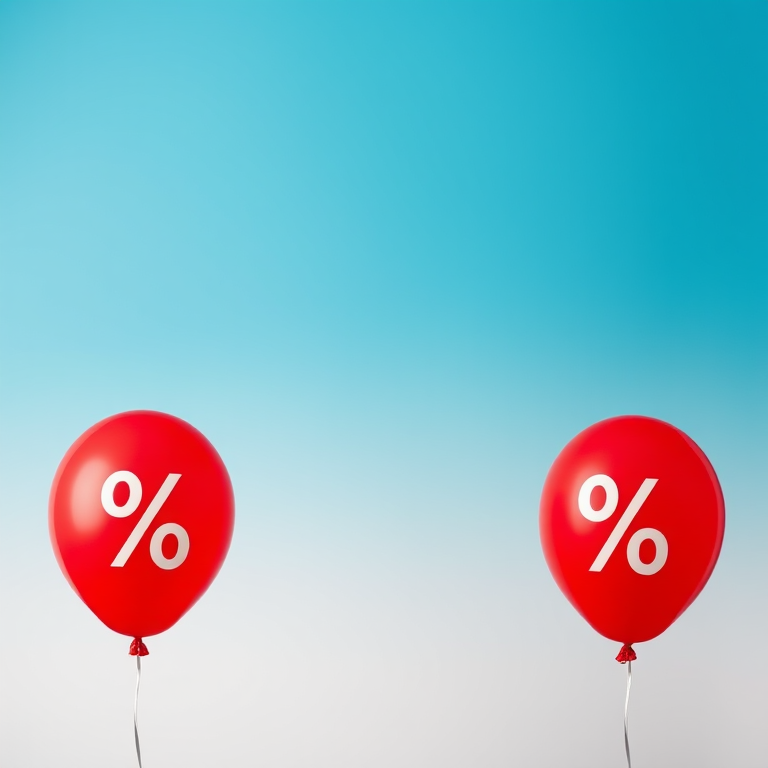 Create an image of two red balloons with white percentage symbols on them against a gradient blue to white background, use a 50mm lens, f/2.8 aperture, ISO 100, with a shallow depth of field for a soft focus effect, taken from a slightly elevated angle to enhance the composition, using a DSLR camera.