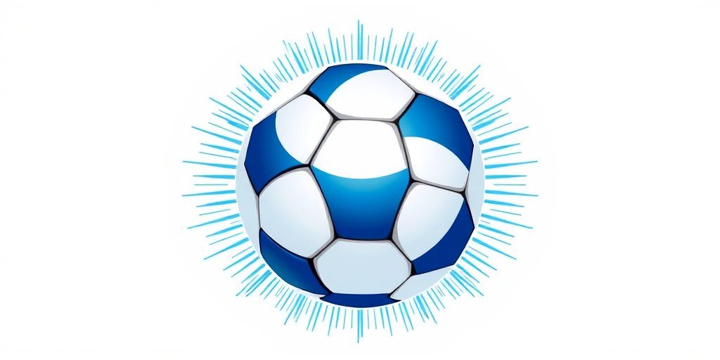 Illustration of a soccer ball with blue and white design, surrounded by radiating blue lines, shot with a DSLR camera at f/8 aperture, 1/250 shutter speed, 50mm lens, in high-resolution digital format, bright daylight, with a clean white background.