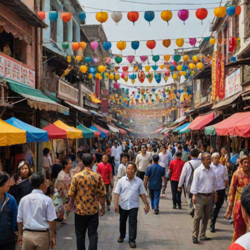 Bustling street during a cultural festival, with colorful decorations, food stalls serving traditional dishes, and performers showcasing dances from around the world.