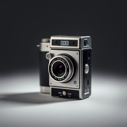 professional studio shot of a vintage folding camera with a silver and black design, soft diffused lighting, high contrast, shallow depth of field, camera settings at f/2.8, ISO 100, shutter speed 1/60s, taken with a DSLR camera using a 50mm lens