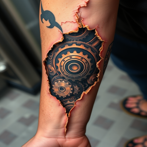 Biomechanical tattoo revealing robotic gears and circuitry beneath torn skin on the forearm, with metallic highlights and rust-like details for a worn look