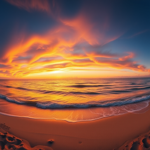 Generate a vibrant sunset over a calm ocean with gentle waves, golden reflections on the water, sandy beach in the foreground, soft clouds in a clear sky, captured with a DSLR camera, 24mm lens, aperture f/8, ISO 100, wide panoramic view.