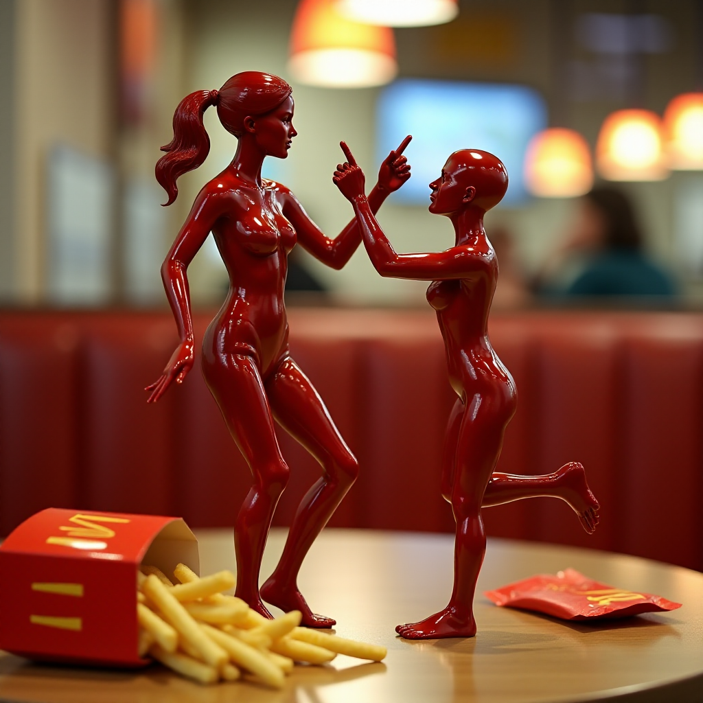 A hyperdetailed image of a woman made entirely of ketchup dancing with a stick figure man made of french fries, placed on a table at a McDonald's restaurant. Add a McDonald's french fry box and some open, empty ketchup packets to the table.