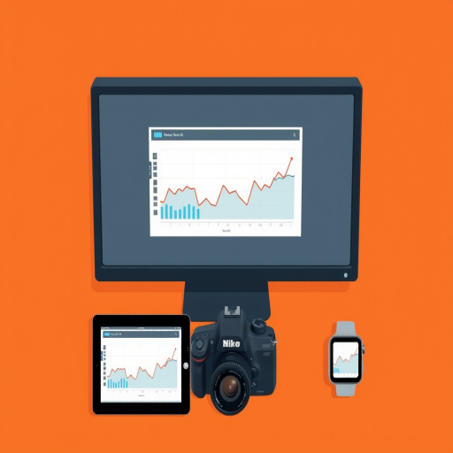 Create an illustration of a computer monitor, tablet, smartphone, and smartwatch displaying graphs on an orange background, shot with a DSLR camera, f/4 aperture, ISO 100, 50mm lens, top-down view, high contrast style.